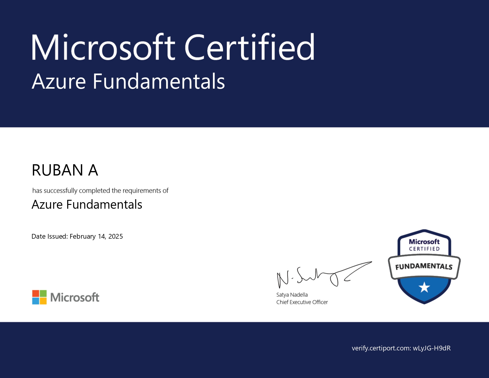 Microsoft Certified Azure Fundamentals Certificate